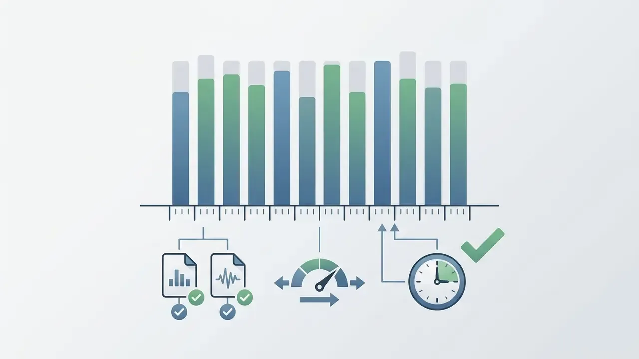 Bar chart with a timeline, speed gauge, and clock icon indicating synchronized audio file processing