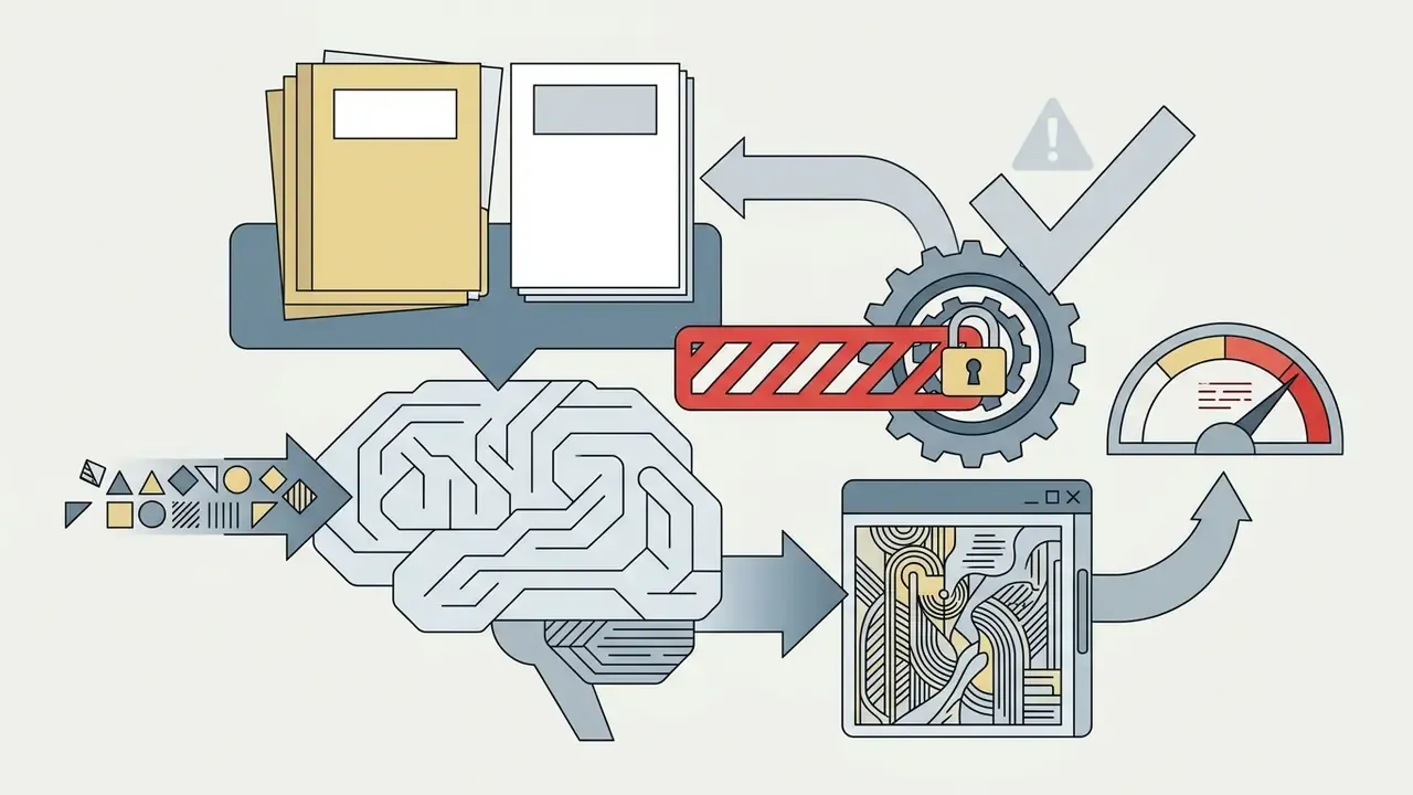 Data processing loop showing documents feeding into an AI brain model with safety filters and output monitoring