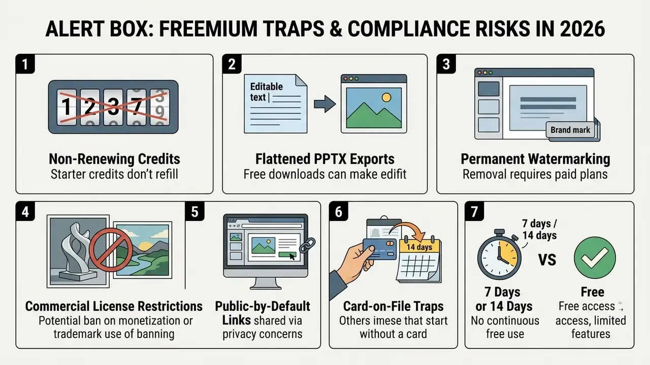 Numbered list of seven common freemium traps and compliance risks for AI presentation software