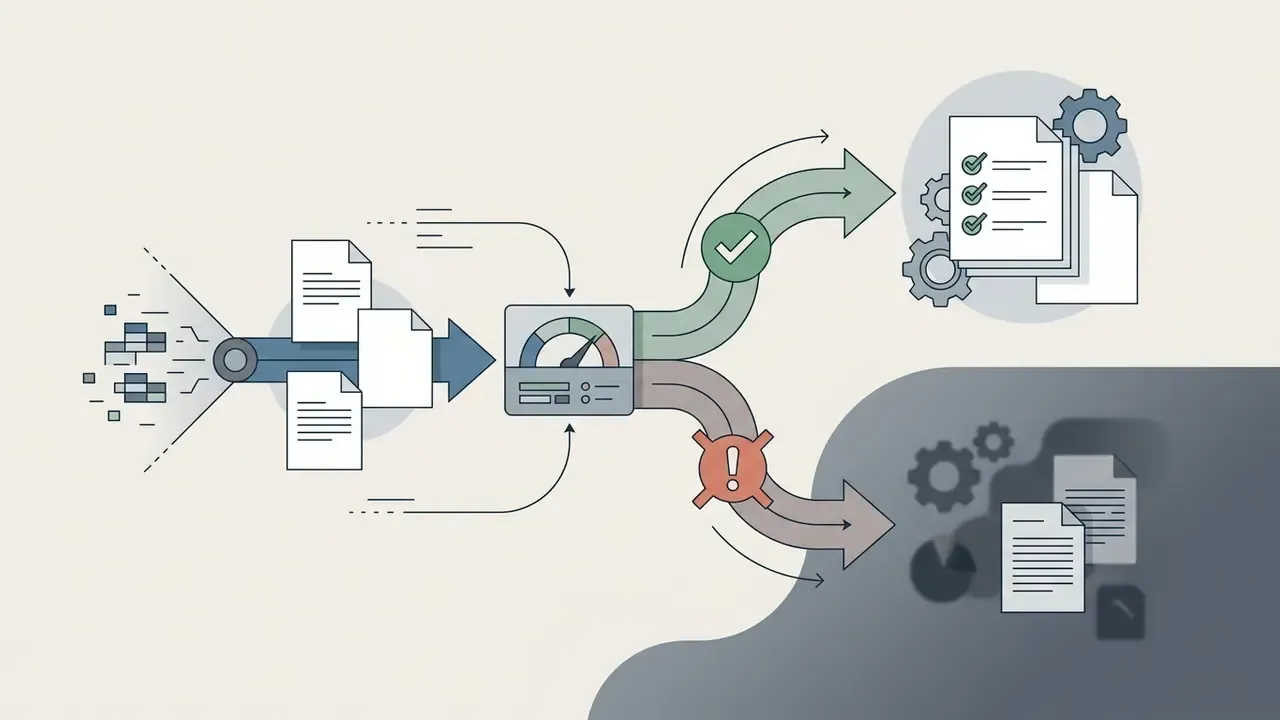 Documents being processed by a gauge and diverted into either approved or unauthorized storage paths