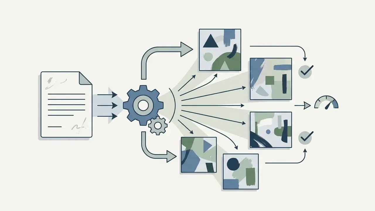 Text prompt feeding into a gear mechanism that generates multiple image variations for selection and review