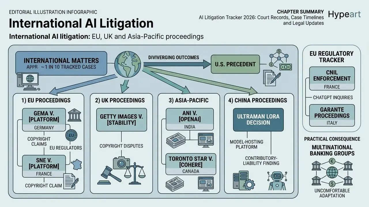 Infographic mapping global AI litigation cases across Europe, the UK, Asia-Pacific, and China regions