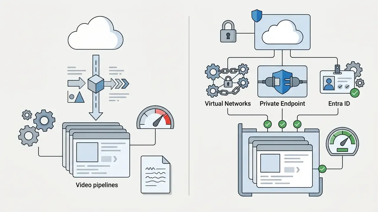 Comparison of standard video pipeline architecture versus secure cloud infrastructure with private endpoints