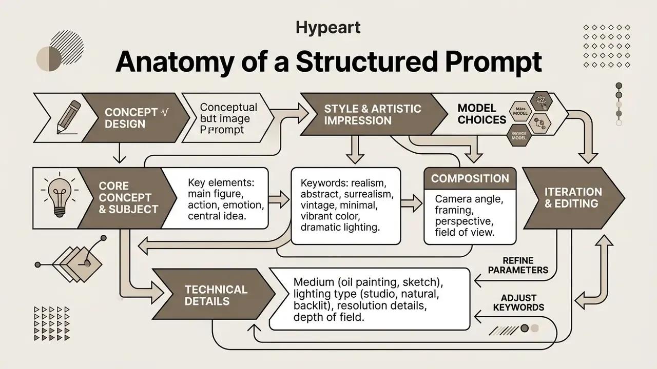 Diagram breaking down the components of a structured prompt including concept, style, and composition