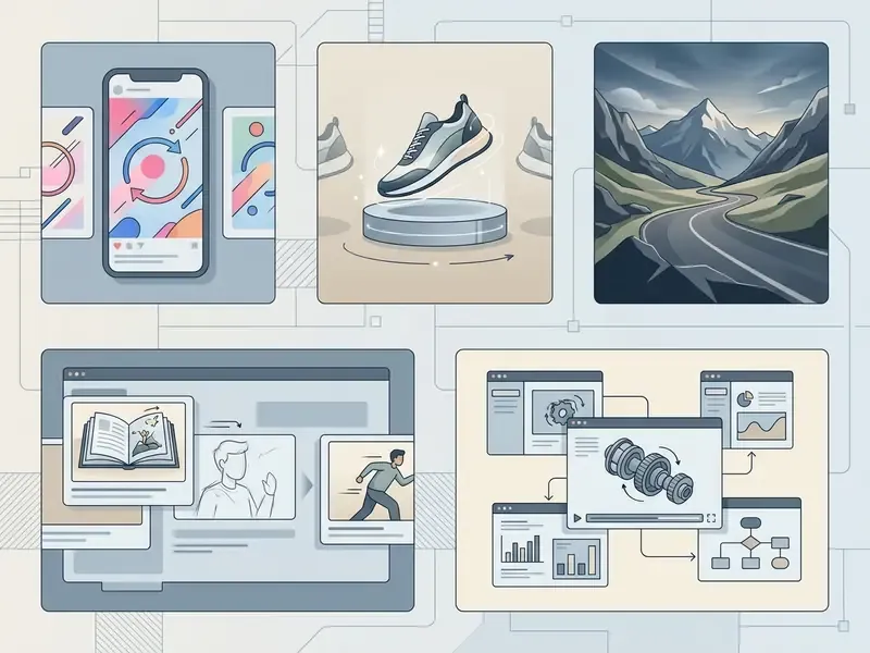 Five visual tiles showing social media loops, product showcases, cinematic scenery, storyboards, and training