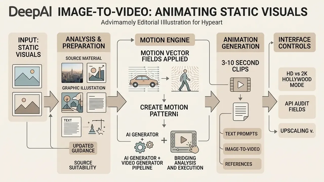 Process map detailing how static visuals are transformed into animated clips using motion vector fields
