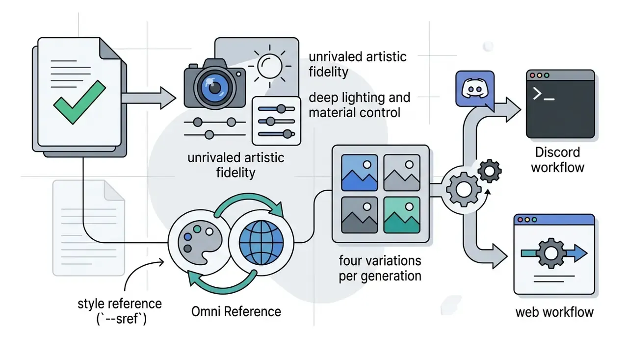 Workflow showing style references and artistic controls leading to image variations for Discord and web