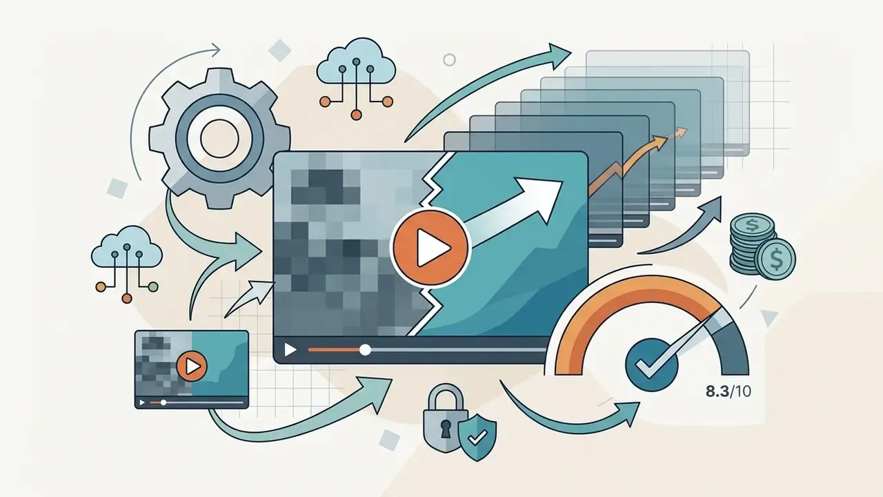 Video player transforming pixelated footage into sharp frames with speed and performance indicators