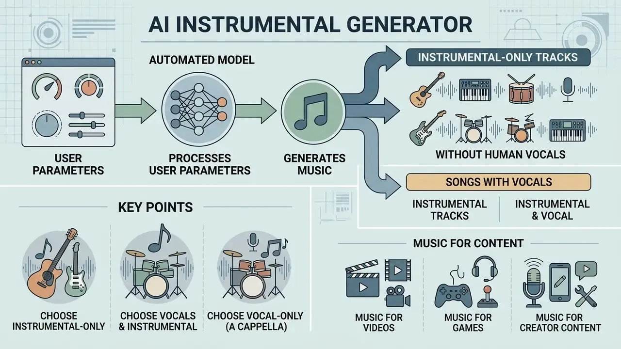 Diagram showing how an AI instrumental generator processes user parameters to create music for media