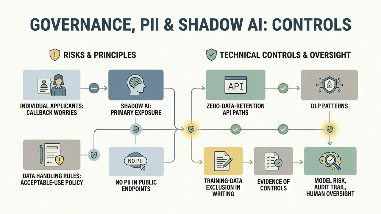 Flowchart mapping risks like shadow AI and PII exposure to technical controls and oversight mechanisms