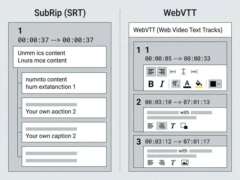 Side by side comparison of SRT plain text and WebVTT file structures with metadata and styling options