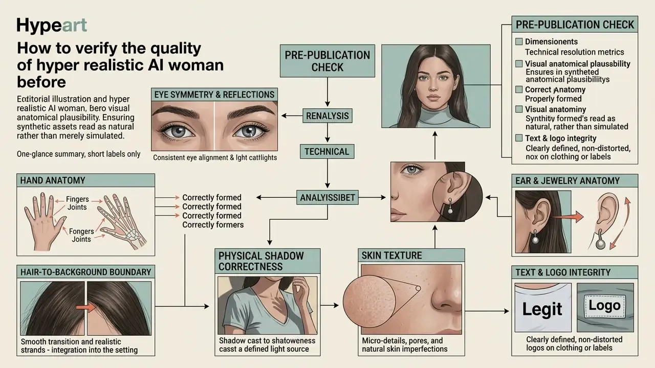 Infographic showing a quality verification process for a hyper realistic AI woman portrait