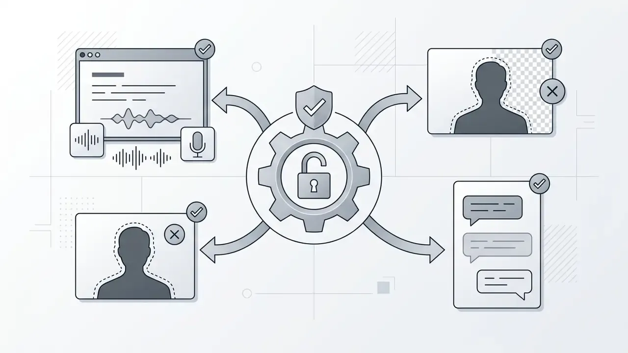 Central gear icon connecting AI tools for audio transcription, background removal, and auto-captions