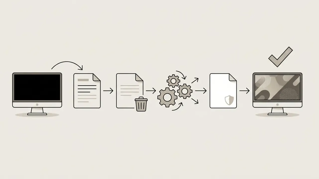 Process flow from a black screen to file deletion, driver reinstallation, and a functional desktop