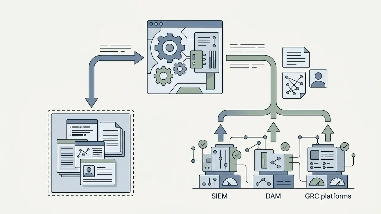 Data processing module routing information to SIEM, DAM, and GRC platform storage systems