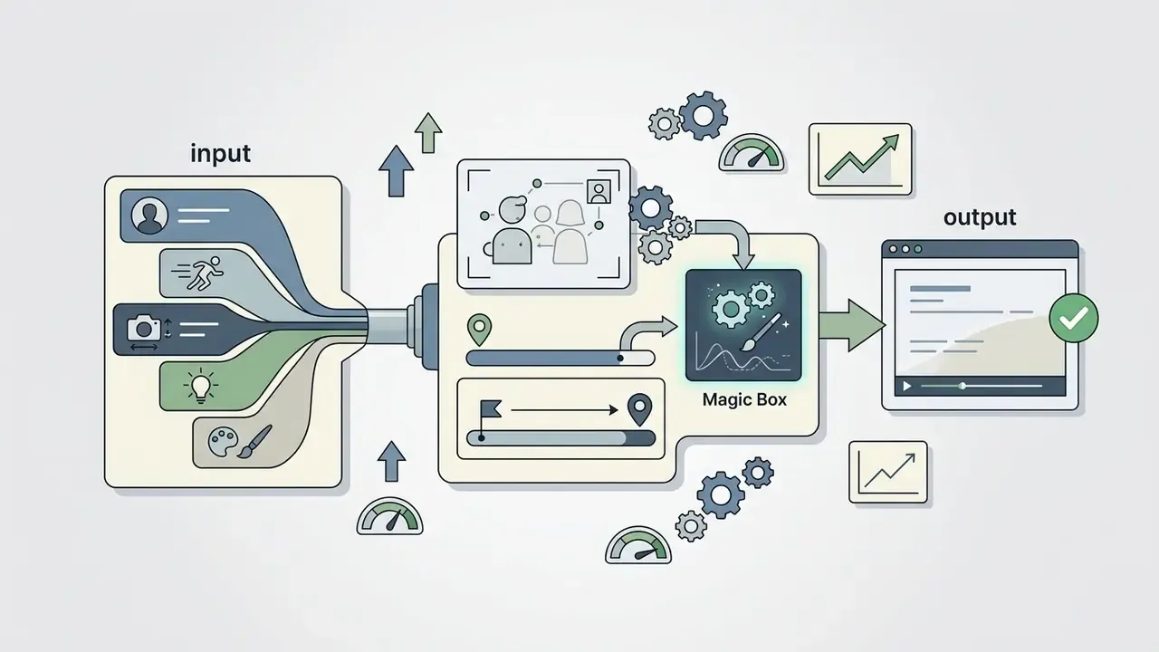 Diagram showing input parameters feeding into a Magic Box processor to generate a final video output