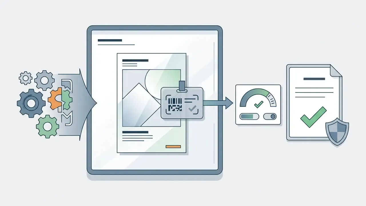 Gears processing a document with a digital tag through a status gauge to a marked and shielded file