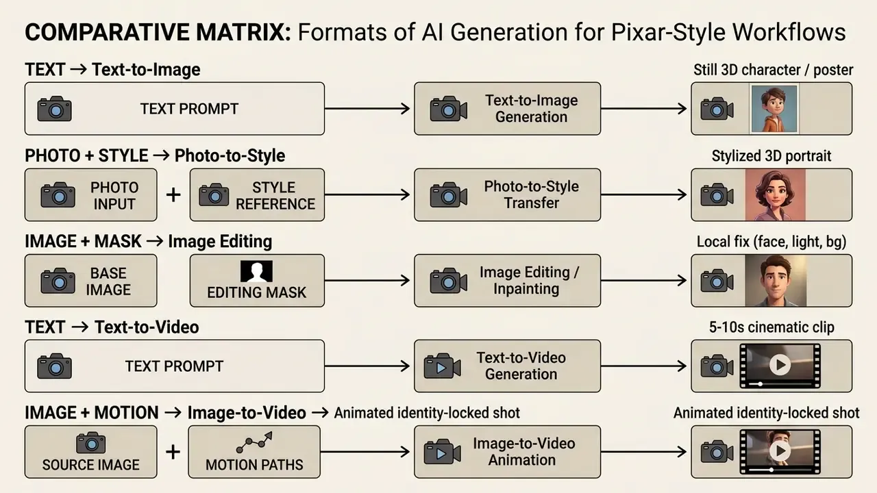 Matrix diagram detailing five distinct AI generation methods for creating Pixar-style visual content