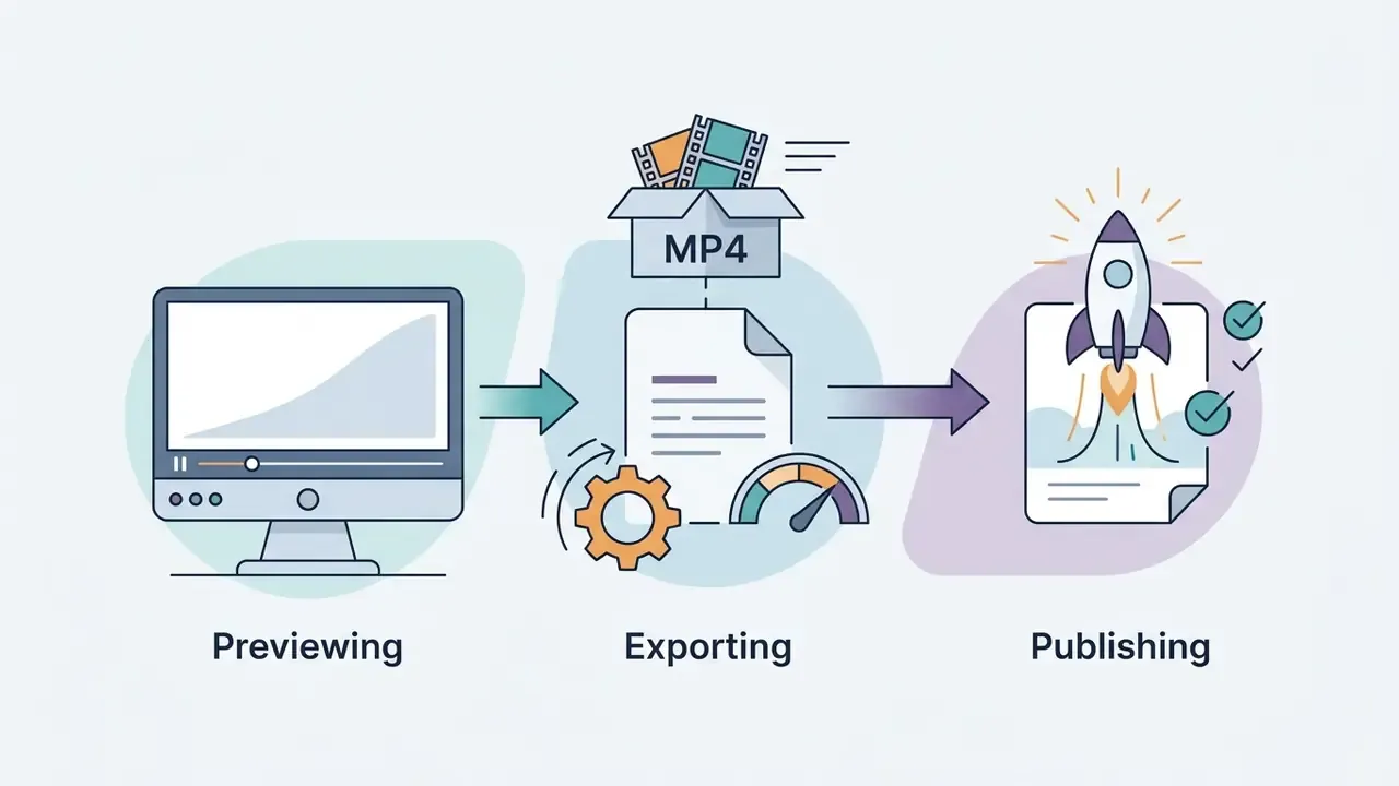 Three icons representing video previewing, MP4 file exporting, and final content publishing