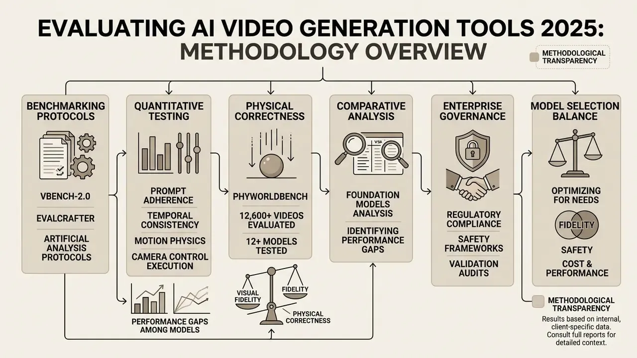 Diagram detailing the methodology for testing AI video generation tools through benchmarking and analysis