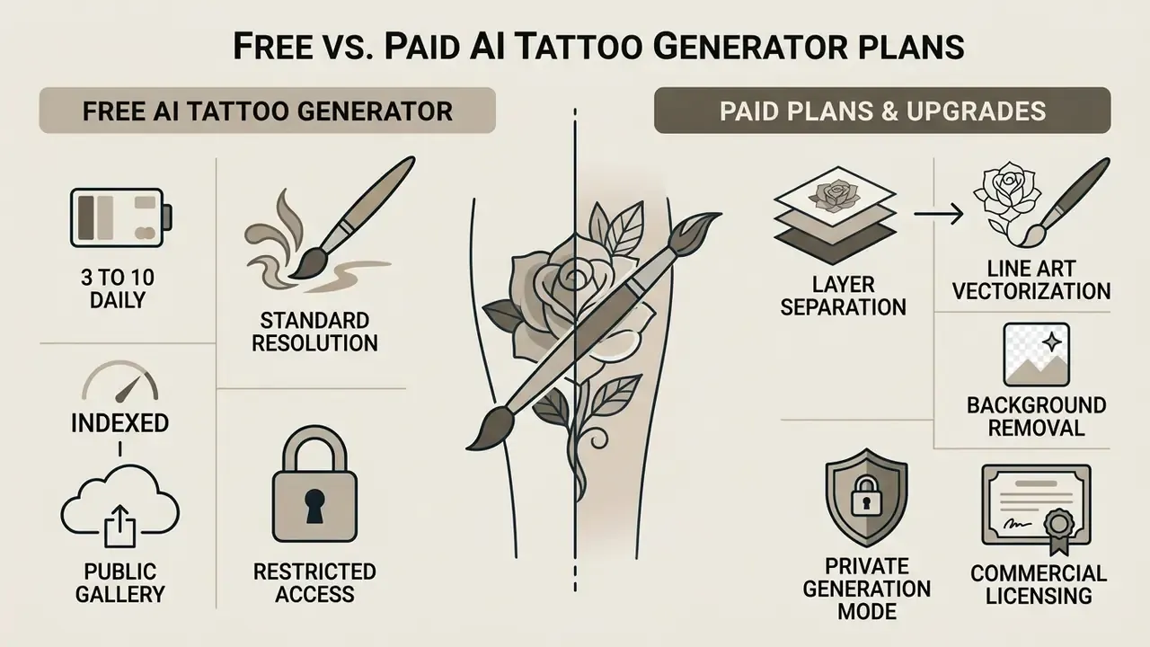 Comparison chart contrasting standard features of free versus premium digital design subscription tiers