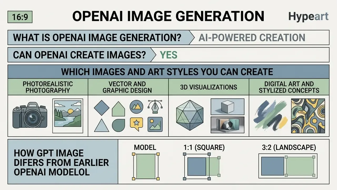 Infographic summarizing OpenAI image generation capabilities, art styles, and aspect ratio formats