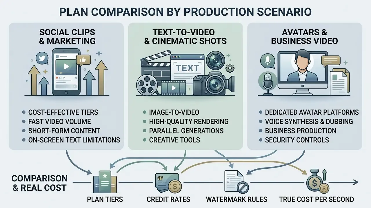 Three categories of AI video production workflows linked to plan tiers, credit rates, and true costs