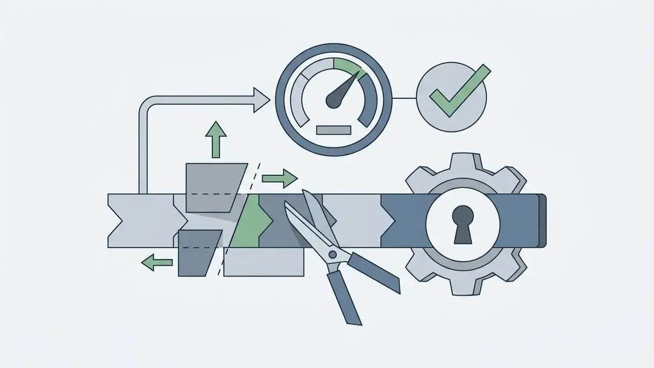 Scissors trimming a video timeline with a speed gauge and a locked gear icon representing sequence finalization