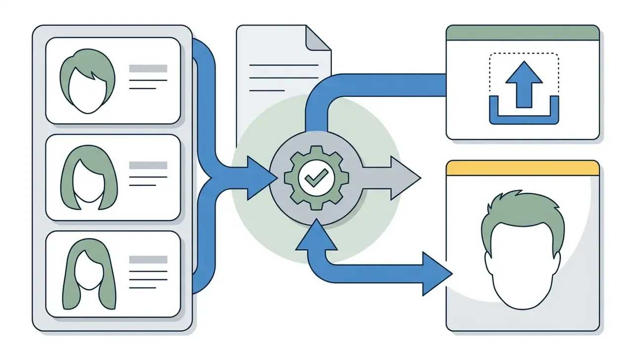 Icons showing style selection and photo upload feeding into a central gear process to create a portrait