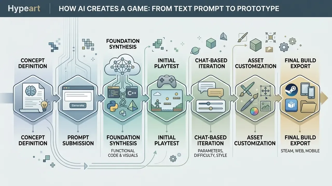 Linear flowchart showing development stages from concept definition to final build export with iteration loops