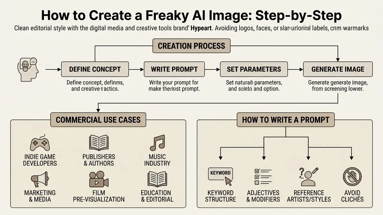 Flowchart outlining the creation process for a freaky AI generator alongside commercial use cases