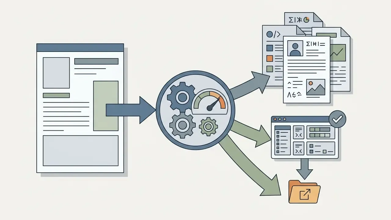 Document input feeding into a mechanical processor that outputs metadata reports and UI data files