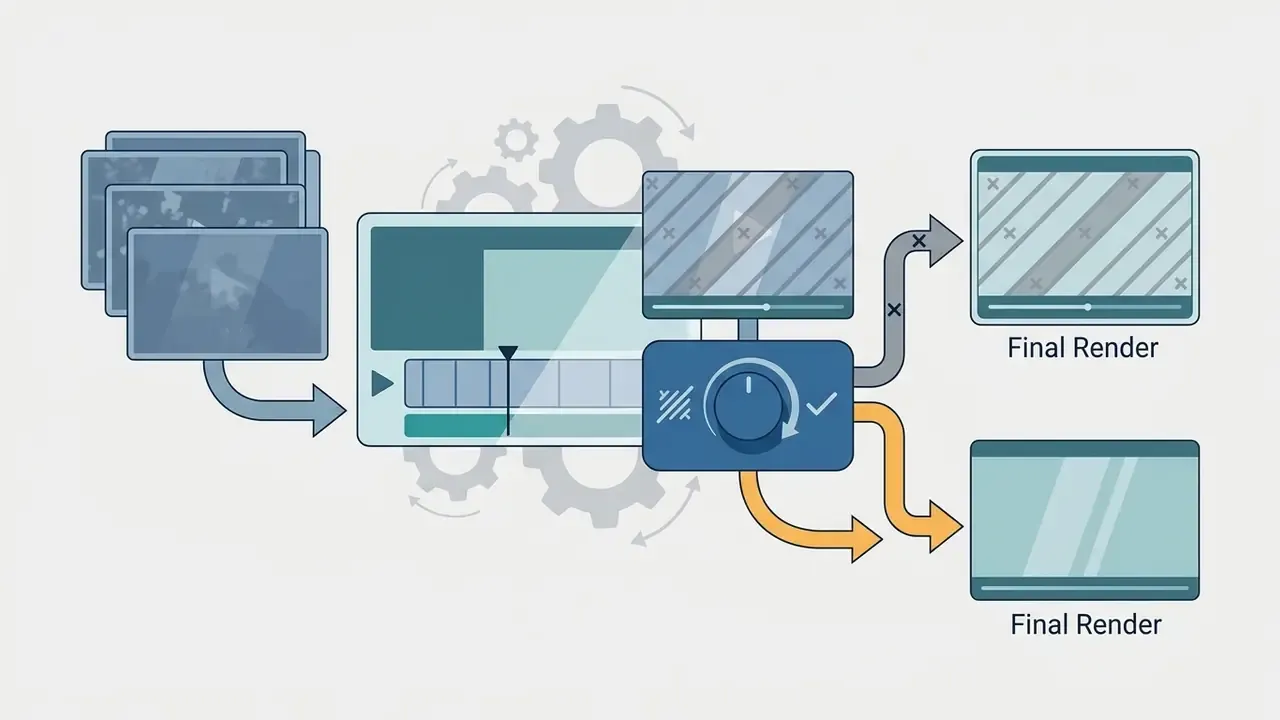 Video editing timeline feeding into a control panel that toggles between watermarked and clean exports