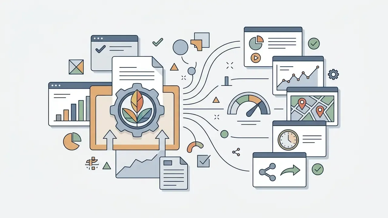 Document processing icon feeding data into a performance gauge and various analytics dashboard windows