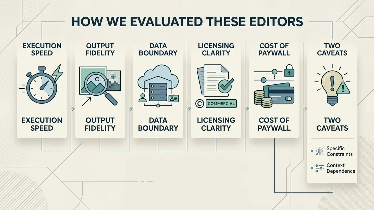 Infographic showing six criteria for evaluating a free photo editor including speed and data privacy