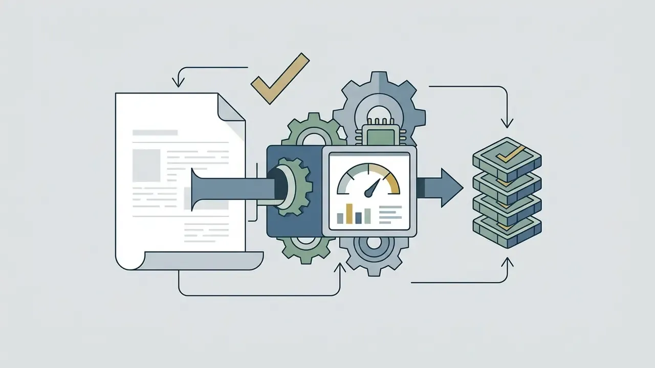 Document being processed through a gear mechanism into a stack of verified data blocks