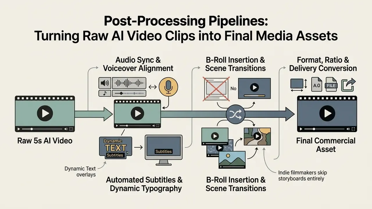 Flowchart showing the stages of refining raw AI video clips into final commercial media assets