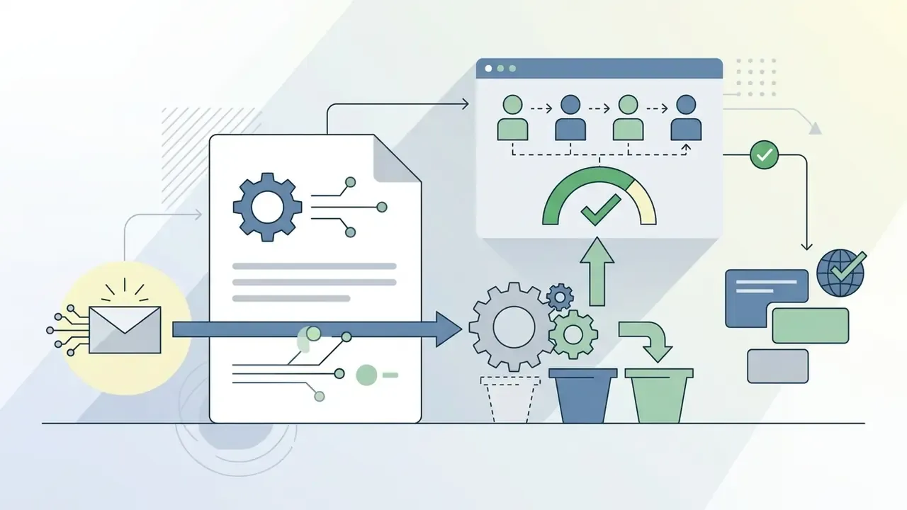 Email icon feeding into a document and gear system that routes through a human review process and approval