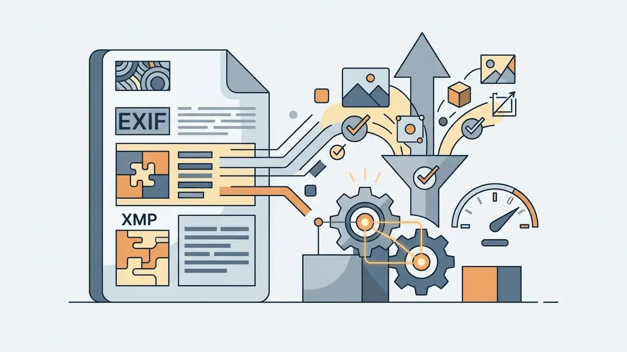 Document with EXIF and XMP metadata feeding into processing gears and a funnel for image data analysis
