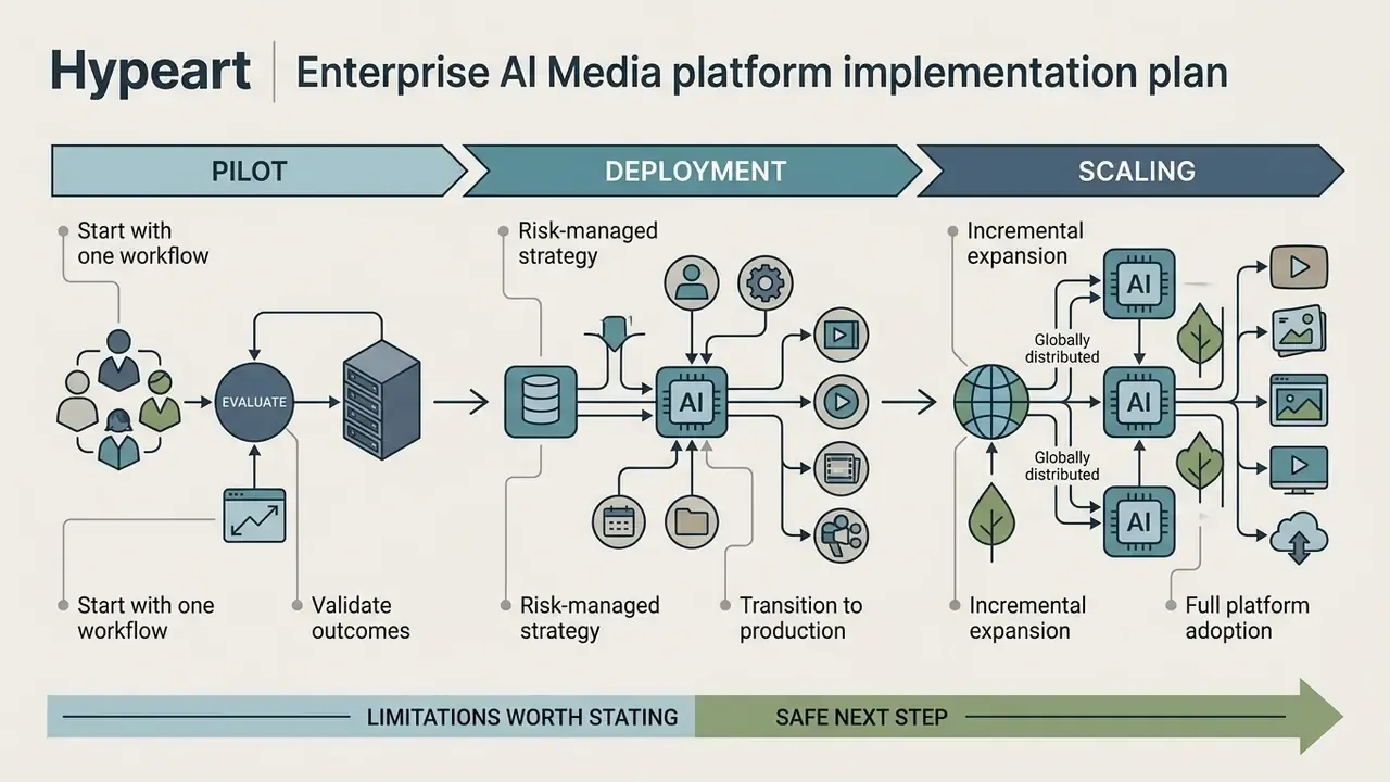 Three-stage roadmap showing the progression from initial pilot workflow to full-scale enterprise AI production