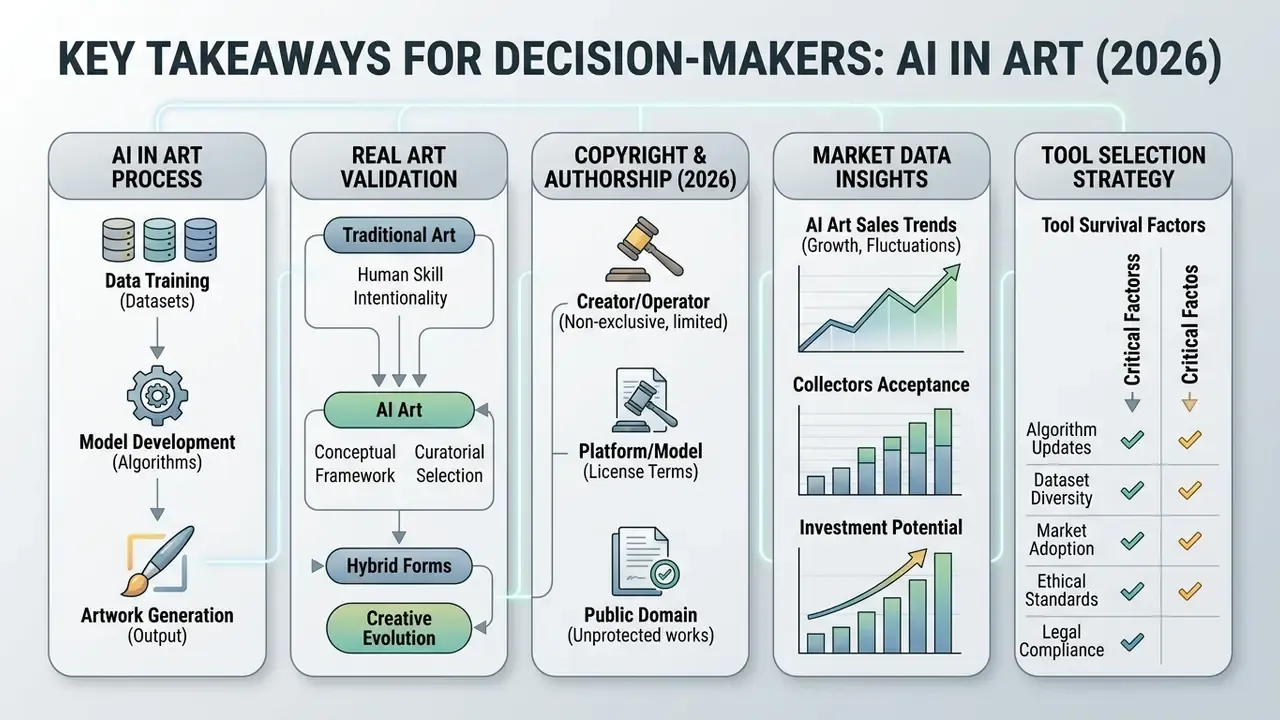 Flowchart outlining the AI in art process, validation, copyright, market insights, and tool strategies