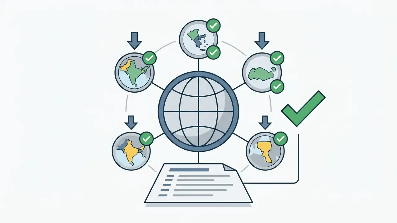 Central globe connected to regional maps with checkmarks and a document showing compliance status