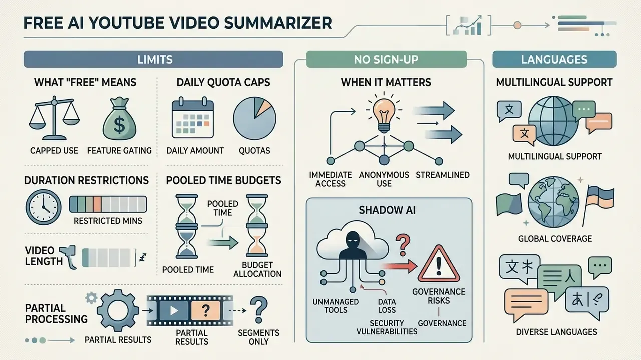 Infographic detailing usage limits, no sign-up access, and multilingual support for an AI video summarizer