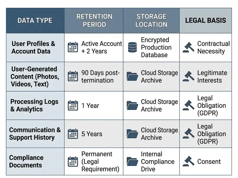 Data table listing retention periods, storage locations, and legal bases for various user information types