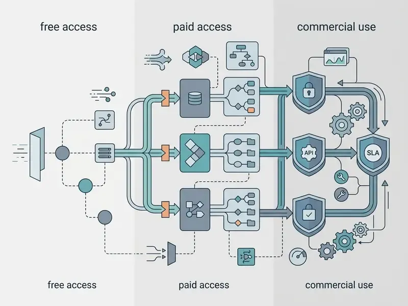 Matrix diagram comparing free access, paid access, and commercial use tiers for Flux AI services