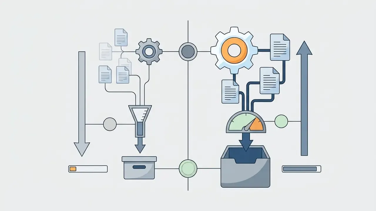 Two parallel workflows showing documents feeding into funnels and gears to output various file formats