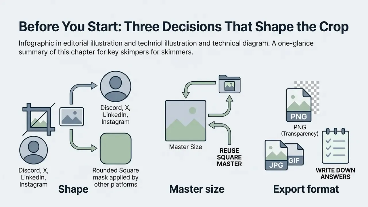 Diagram showing three steps for avatar cropping including shape selection, master size, and export format