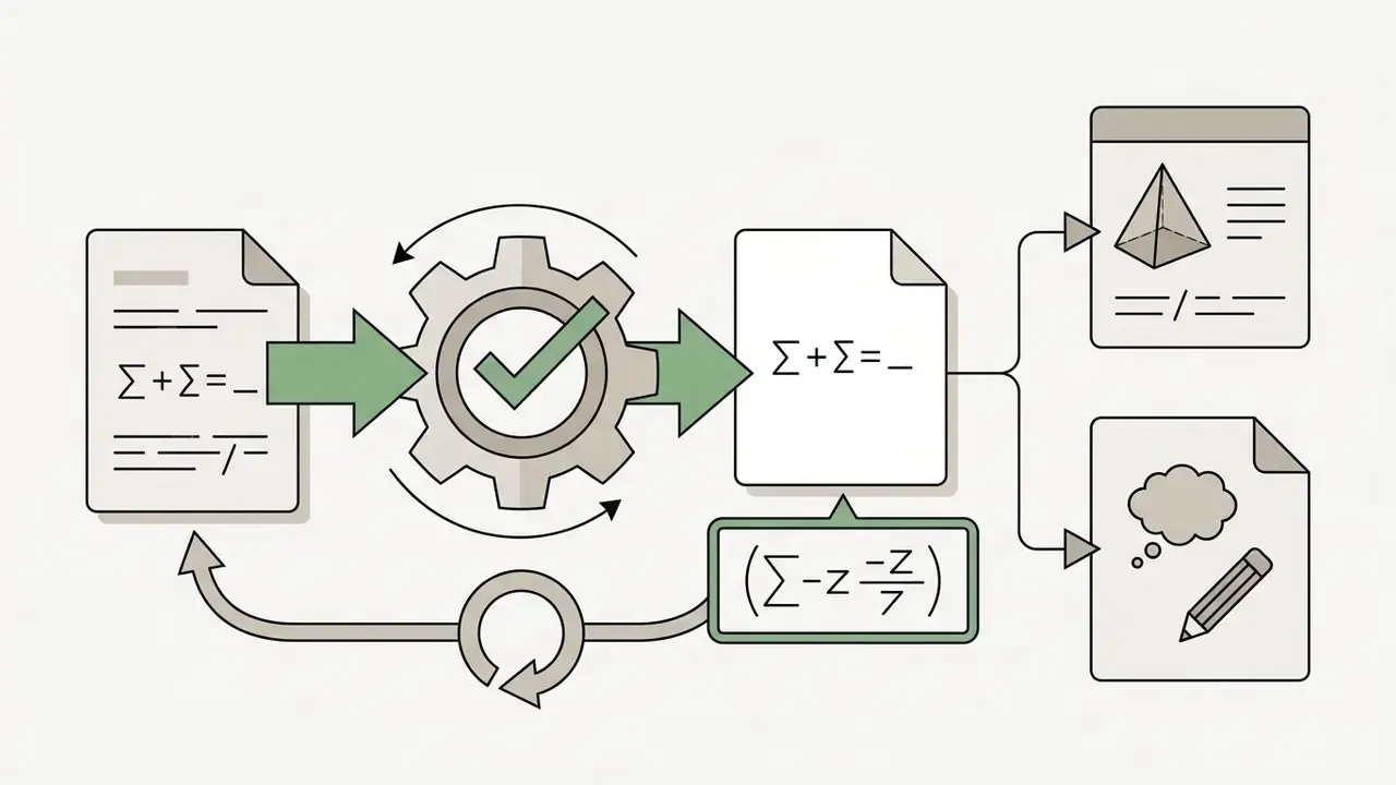 Mathematical document being processed through a verification gear to generate solutions and practice tasks