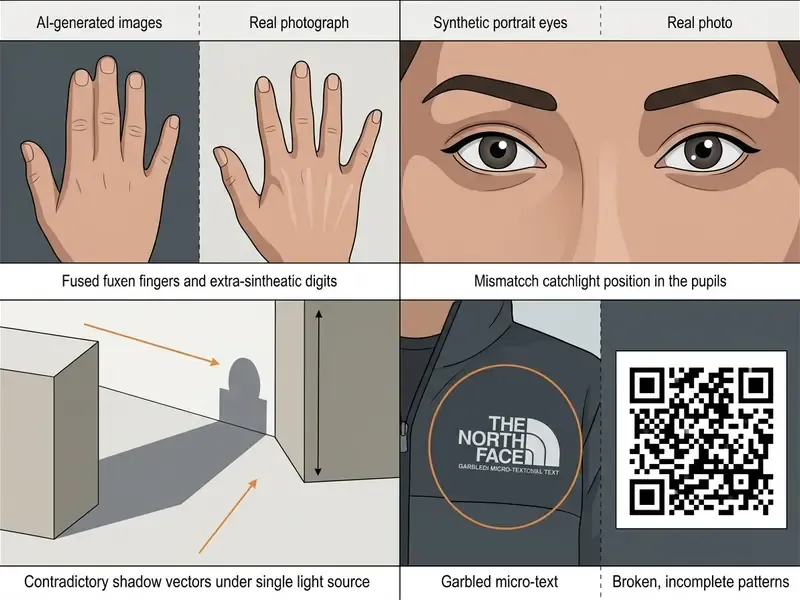 Four panels comparing synthetic and real visual details like hand anatomy, eye reflections, and shadows