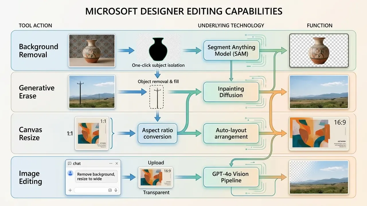 Table showing Microsoft Designer tools, underlying AI technologies, and resulting image editing outcomes